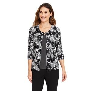 Ann Taylor Geo Print Cardigan Sweater 3/4 Sleeve M Black Gray White Preppy 91-29